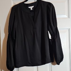 Nine West Black Long-Sleeve Smocked-Sleeve Blouse